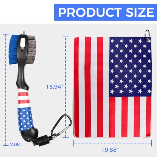 Golf Club Brush and Amercian Flag Golf Towels, Golf Groove Cleaner Cleaning kit, Golf Accessories Cleaner Tool with Strong Magnet Stick to Golf Clubs or Bag - color: Towels and Brush