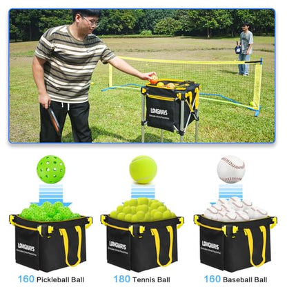 Pickleball Tennis Ball Hopper-Foldable Lightweight Tennis Cart Holds 180 Tennis/160 Pickleballs with Removable Bag,Wheels,Side Pocket for Training/Teaching, for Tennis/Pickleball/Baseball/Softball - style: Yellow