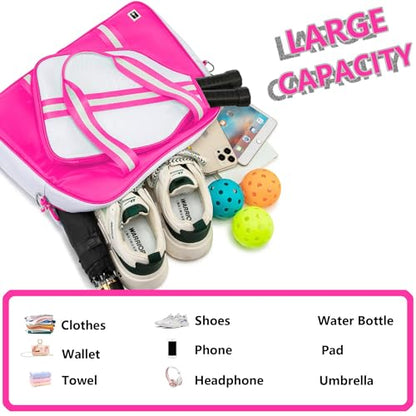 ROYALFAIR Pickleball Tote Bag for Women Men Large Capacity with Paddle Cover Pocket and Adjustable Shoulder strap - color: Pink