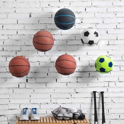 MyGift Wall Mounted Black Metal Sports Ball Storage, 7 Inch Round Display Rack for Soccer Ball, Volleyball, Basketball Holder, Set of 6