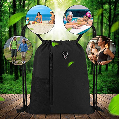 BeeGreen Black Drawstring Backpack Gym Bag For Men Women String Sports Backpack With Water Bottle Mesh Pockets And 2 Zippered Pocket Large Cinch Sackpack Workout Bag 16" x 20" - color: Black, style: Drawstring With Mesh Pocket