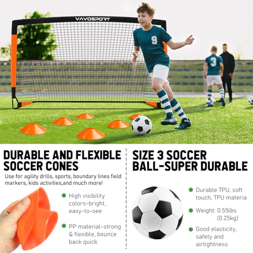 VAVOSPORT Kids Soccer Goals for Backyard Set, 2 of 4x3 / 6x4 ft Portable Soccer Goal Nets, Pop Up Mini Toddler Soccer Net Training Equipment & Ball, Cones for Ages 3-14, Outdoor Games Gifts for Kids