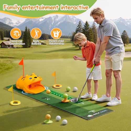 TOMMYHOME Putting Green Indoor with Toddlers Golf Clubs，Party Game with Automatic Golf Bounce Back Machine,Outdoor Training mats,Light up Balls,Gifts for 3 Year Old boy&Girl