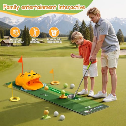 TOMMYHOME Putting Green Indoor with Toddlers Golf Clubs，Party Game with Automatic Golf Bounce Back Machine,Outdoor Training mats,Light up Balls,Gifts for 3 Year Old boy&Girl