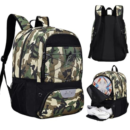 Hsmihair Youth Soccer Bag-Soccer Backpack&Backpack for Football Basketball,with Ball Compartment Separate Cleat Package - color: CamoBlack
