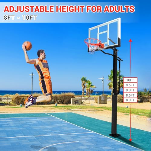 GarveeTech In Ground Basketball System Outdoor, 8-10ft Quick Adjustable Basketball Hoop ＆Goal with 55" Shatterproof Tempered Glass Backboard,