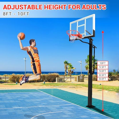 GarveeTech In Ground Basketball System Outdoor, 8-10ft Quick Adjustable Basketball Hoop ＆Goal with 55" Shatterproof Tempered Glass Backboard,
