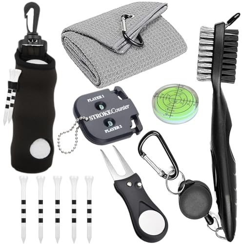 11 Pcs Golf Accessories Kit, Include Golf Ball Bag with Hook Tees Towel Cleaner Brush Ball Marker Divot Tool Score Counter - color: black