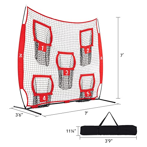 ZELUS 7 x 7ft Football Trainer Throwing Net | Training Target Practice with 5 Targets | Great for Quarterback | Includes Carry Bag - color: Red