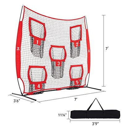 ZELUS 7 x 7ft Football Trainer Throwing Net | Training Target Practice with 5 Targets | Great for Quarterback | Includes Carry Bag - color: Red