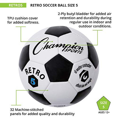 Champion Sports Retro Soccer Ball – Sizes 3, 4, 5, Soft Touch, All Weather, Official Size & Weight Ball for Training, Games, Outdoor & Indoor Play - size: Size 5