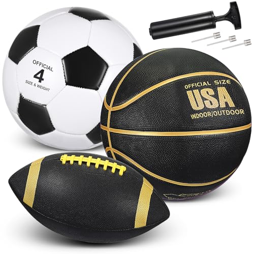 Libima 3 Pcs Sports Ball Set for Kids Teens Include Official Size Basketball Soccer Football with Pump and Carry Bag Training Practice Sport Back to School Gift - color: Black Gold