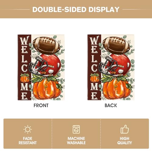 AVOIN colorlife Fall Football Garden Flag 12x18 Inch Double Sided Outside, Welcome Autumn Pumpkin Seasonal Yard Outdoor Flag Red