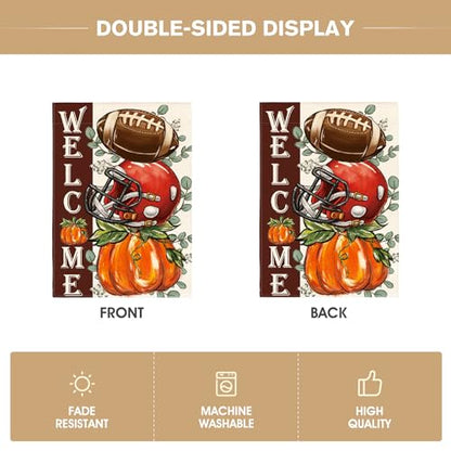 AVOIN colorlife Fall Football Garden Flag 12x18 Inch Double Sided Outside, Welcome Autumn Pumpkin Seasonal Yard Outdoor Flag Red