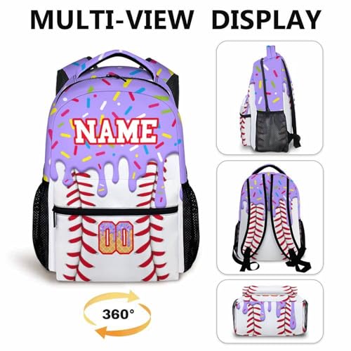 Kids Schoolbag for Girls Custom Ice Cream Baseball Backpack for Children Teen Baseball School Supplies, 17 Inch Cute Girls Bookbag for Preschool Elementary Kindergarten Vacation Travel Picnic
