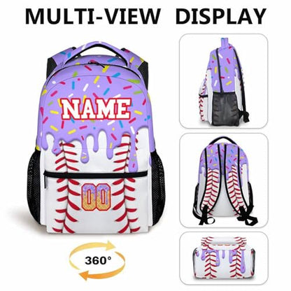 Kids Schoolbag for Girls Custom Ice Cream Baseball Backpack for Children Teen Baseball School Supplies, 17 Inch Cute Girls Bookbag for Preschool Elementary Kindergarten Vacation Travel Picnic
