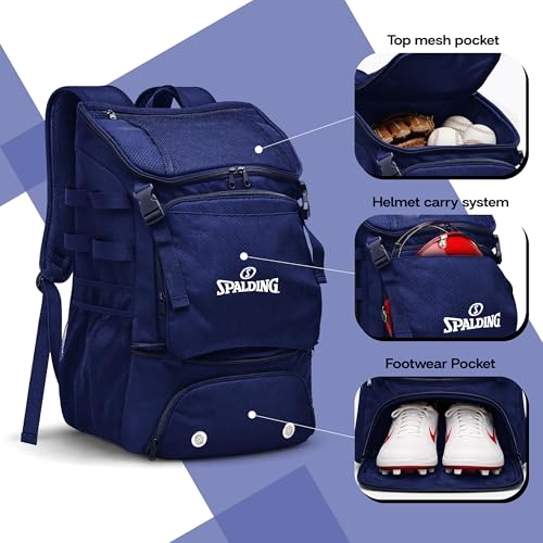 Spalding Baseball Backpack Baseball Bag | Youth & Adult Large Backpack with Compartment for Tball Softball Sports Gear | Fits Bat Glove Shoes Ball Helmet | Waterproof Adult Bat Bag Softball Gift - color: Navy