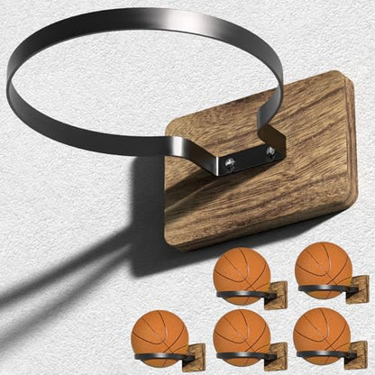 Wall Mount Basketball Holder with Wooden Base – Ball Storage Display Rack for Autograph Basketball, Football, Soccer, Volleyball – Sports Organizer for Player Fans, Home Gym, Bedroom, Garage