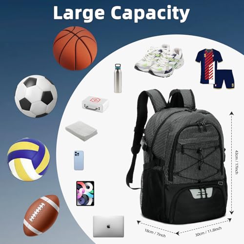 HUA ANGEL Basketball Backpack, Large Sports Bag with Separate Ball Holder & Shoe Compartment, Men/Women Gym Backpack for Basketball Soccer Volleyball - color: Black
