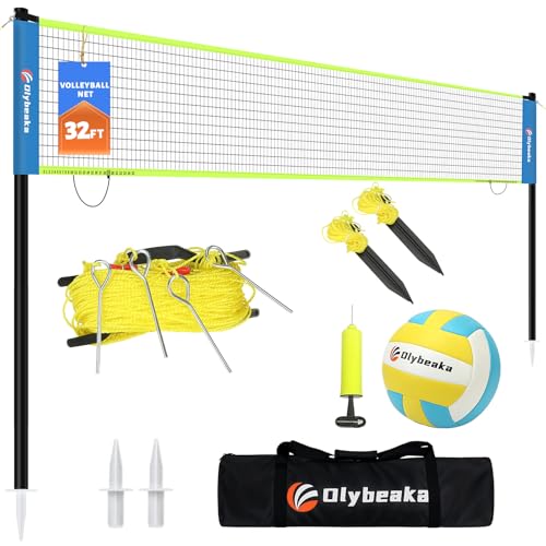 Portable Outdoor Volleyball Net Set for Backyard Beach with Adjustable Poles, Soft PU Volleyball & Pump, Carry Bag and Durable Anti-Sagging Net - color: Blue and Green, size: 32ft