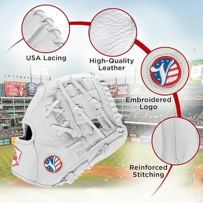 Valle Pro 975 Kip Leather Infield Baseball Training Glove - Right & Left Hand Throw - Youth Softball Mitt for Boys & Girls - Sure Catch, Fielding Practice & Training Equipment - White, 9.75"