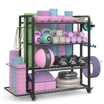 4-Tier Dumbbell Rack Stand Only, Adjustable Weight Rack for Dumbbells Kettlebells Yoga Mat, Home Gym Storage Rack with Wheels and Hooks, Powder Coated Finish - size: Large Black