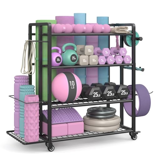 4-Tier Dumbbell Rack Stand Only, Adjustable Weight Rack for Dumbbells Kettlebells Yoga Mat, Home Gym Storage Rack with Wheels and Hooks, Powder Coated Finish - size: Large Black