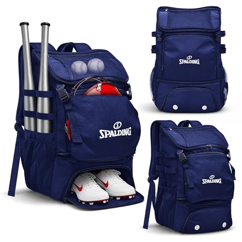 Spalding Baseball Backpack Baseball Bag | Youth & Adult Large Backpack with Compartment for Tball Softball Sports Gear | Fits Bat Glove Shoes Ball Helmet | Waterproof Adult Bat Bag Softball Gift - color: Navy