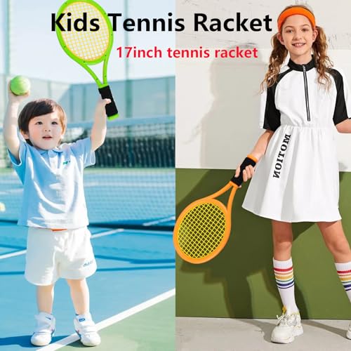 Kids Tennis Racket 17 Inch Lightweight for Junior Toddlers - Includes 2 Tennis Balls, 2 Sponge Balls, 4 Shuttlecocks & Carry Bag - color: Green & Orange