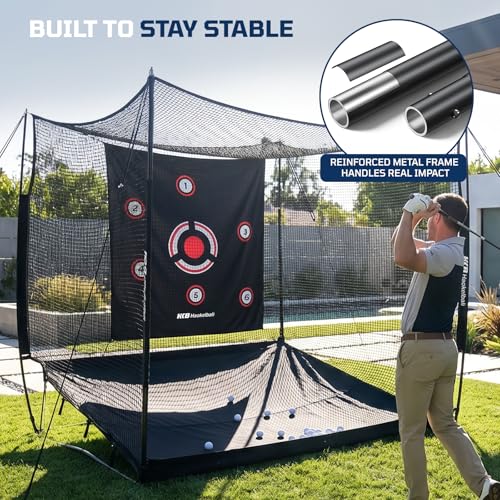 Haokelball Golf Hitting Net with 3-Sided Protection, 10x8x6ft Heavy Duty Golf Practice Cage with Reinforced Steel Frame, Target Cloth & Full Swing Backyard Driving Net for Indoor Outdoor Use