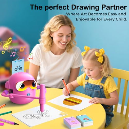 Drawing Robot for Kids with 100 Cards, Montessori Painting Learning Toys for 3 4 5 6 7 8 Year Old Boys Girls,Voice Interactive Early Learning Educational Drawing Toy Gift for Birthday Party - size: Pink