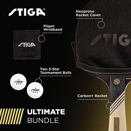 STIGA Carbon+ Bundle Ping Pong Paddle Set – 7-ply Extra Light Carbon Fiber Blade – 2mm Premium Sponge – Concave Pro Handle – 2 3-Star Tournament Balls – Neoprene Racket Cover – Player Wristband - color: Black Cover