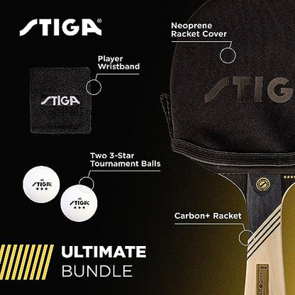 STIGA Carbon+ Bundle Ping Pong Paddle Set – 7-ply Extra Light Carbon Fiber Blade – 2mm Premium Sponge – Concave Pro Handle – 2 3-Star Tournament Balls – Neoprene Racket Cover – Player Wristband - color: Black Cover