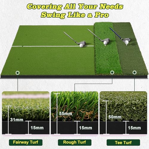 Tri-Turf Premium Golf Hitting Mat, 6x4ft Extra Large, 50mm/55mm/31mm Extra Thick, Non-Slip Foam Base, Dense Artificial Grass, Accept Real Tees, Indoor & Outdoor Practice, Drive/Chip/Pitch, with Tees