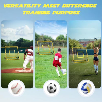 Baseball Rebounder Net,4x4.5FT Multi-Sport Pitch Back Rebounder Steel Frame with 4 Adjustable Angles, 40pcs Bungees Soccer, Volleyball&Lacrosse Trainer for Solo Fielding - color: Yellow