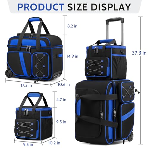 BOSSTIN 3 Ball Bowling Bag with Wheels, 2 Ball Bowling Bags Double roller with 1 Ball Add On Bag, Multi-Pockets & Shoe Compartment (Fits Up to Size 15) - color: Blue
