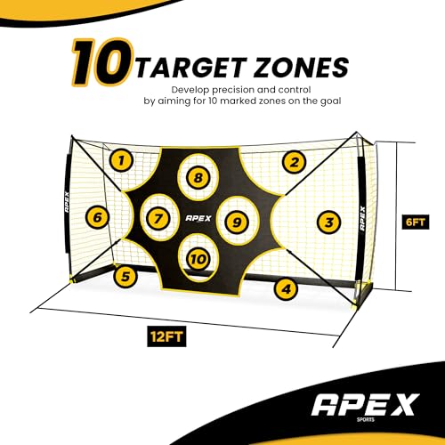 Apex Sports 12x6 FT Soccer Goal with Precision Target – Portable Soccer Net with Removable 10-Hole Target, Portable Design, Quick Setup, Ground Stakes & Collapsible Frame for Indoor/Outdoor Training