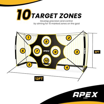 Apex Sports 12x6 FT Soccer Goal with Precision Target – Portable Soccer Net with Removable 10-Hole Target, Portable Design, Quick Setup, Ground Stakes & Collapsible Frame for Indoor/Outdoor Training