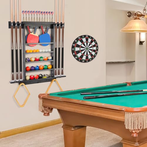 Pool Stick Holder Wall Mount, Pool Cue Rack, Ping Pong Paddle Holder, Dart Holder 3-IN-1,100% Solid Wood Billiard Cue Racks,12 Steel/Soft Tip Darts and Table Tennis Accessories for Man Cave - style: 3-IN-1
