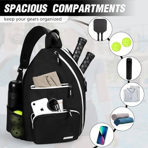 AEROBIX Pickleball Bag for Women & Men, Pickle Ball Backpack - Upgraded Zippers, Large Capacity, Padded Paddle Pocket, Adjustable Sling Bag (No Accessories) - color: BLACK