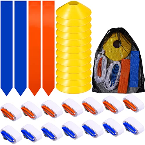 Flag Football Set, 14 Player Adjustable Belts with Cones Includes 14 Easy Tear Away Belts, 28 Football Flags, 12 Cones, 1 Carrying Bag for Youths, Adults Sport Team Training - style: Blue, Orange