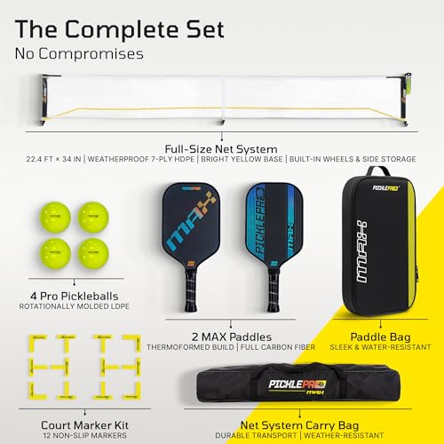 Ultimate Pickleball Set with Regulation Net System – 2 Carbon Fiber Max Thermoformed Paddles with CAS Surface, 4 Outdoor Balls, CourtMark PVC Kit & Paddle Bag – USAPA Approved, Tournament-Grade