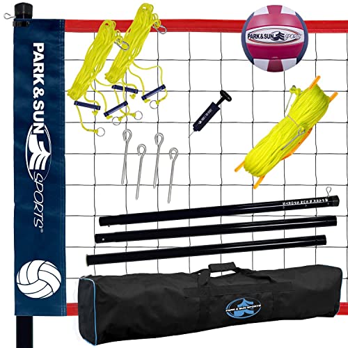 Park & Sun Spiker Sport Portable Outdoor Volleyball Net System – Blue Net, Regulation Size 32' L x 3' H, Adjustable Height, Lightweight, Includes Carrying Bag for Backyard and Beach Play