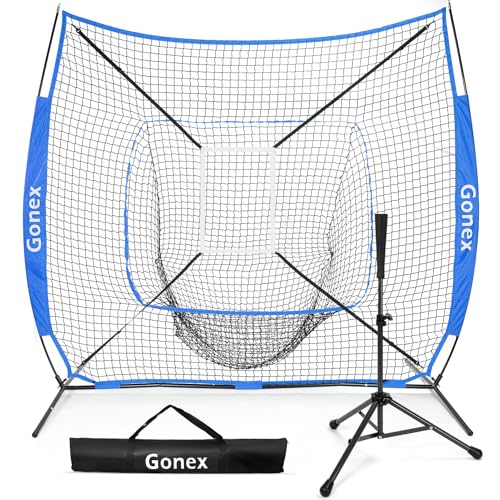 Gonex 7' x 7' Baseball Softball Practice Net Set with Batting Tee for Hitting and Pitching Batting, Practice Training Aid, with Strike Zone, Large Mouth, Bow Frame, Carrying Bag - style: Royal Net w Black Tee