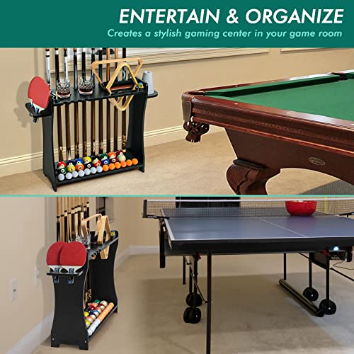XCSOURCE Pool Stick Holder Floor Stand, 2-IN-1 Pool Cue Rack & Ping Pong Paddle Holder, 100% Solid Wood Holds 9 Cues Full Set of Balls, Billiards and Table Tennis Accessories for Man Cave, Game Room