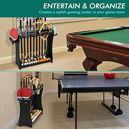 XCSOURCE Pool Stick Holder Floor Stand, 2-IN-1 Pool Cue Rack & Ping Pong Paddle Holder, 100% Solid Wood Holds 9 Cues Full Set of Balls, Billiards and Table Tennis Accessories for Man Cave, Game Room