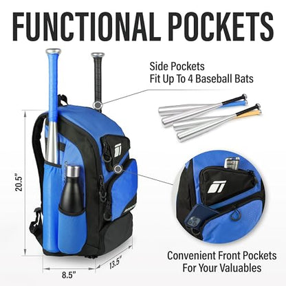 Tonesport Baseball Bag - Backpack for Baseball, Softball, Tball - Adults & Youth Bat Bag - color: Blue, style: Baseball Backpack