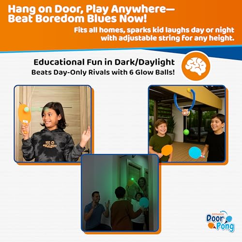 Zippadoo Door Pong: Glow-in-The-Dark Ping Pong Game for Kids - Door Frame Ping Pong Trainer Set with 6 Rechargeable Balls, Indoor & Outdoor Hanging Table Tennis for Ages 3+, Doorway Games Fun