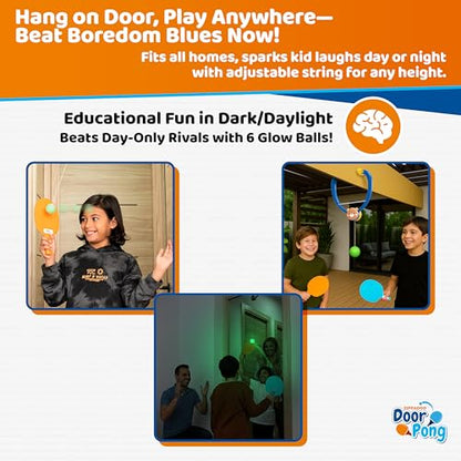 Zippadoo Door Pong: Glow-in-The-Dark Ping Pong Game for Kids - Door Frame Ping Pong Trainer Set with 6 Rechargeable Balls, Indoor & Outdoor Hanging Table Tennis for Ages 3+, Doorway Games Fun