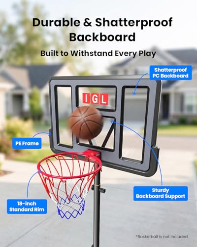 IGL 44" Portable Basketball Hoop Outdoor, 5.6-10FT Adjustable Height, Shatterproof PC Backboard, Fillable Base & Ball Weight - Basketball Goal for Backyard Driveway, Fun for Kids Teens Adults Family